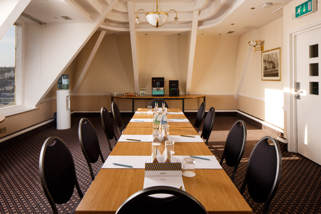 Coast View meeting room at Mercure Brighton Seafront Hotel, boardroom table and coffee refreshments table