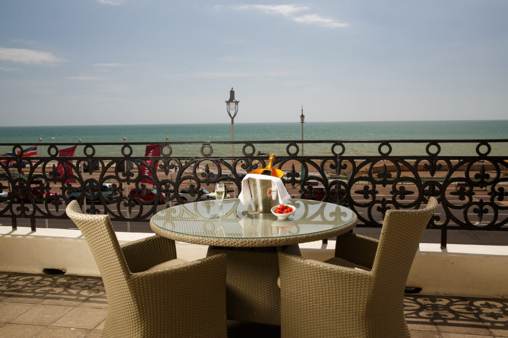 Superior Sea View bedroom at Mercure Brighton Seafront Hotel, balcony with Champagne and strawberries