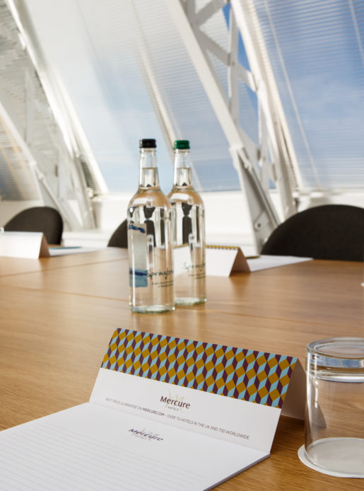 Closeup of Mercure-branded notepaper in the West Pier meeting room at Mercure Brighton Seafront Hotel with sea views