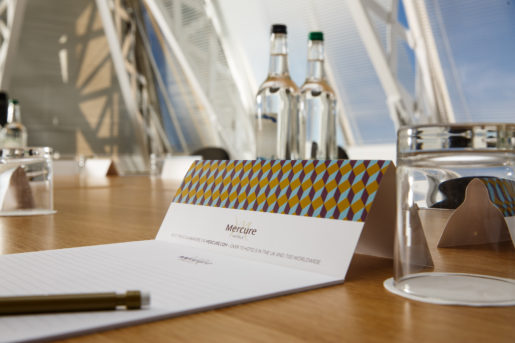 Closeup of Mercure-branded notepaper in the West Pier meeting room at Mercure Brighton Seafront Hotel with sea views